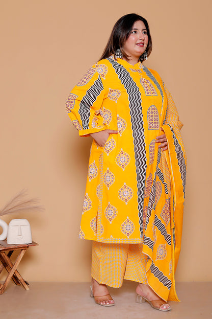 GEOMETRIC ARCH PRINT COTTON 3 PEICE KURTA PANT IN YELLOW BY PLUSSIZEKURTI