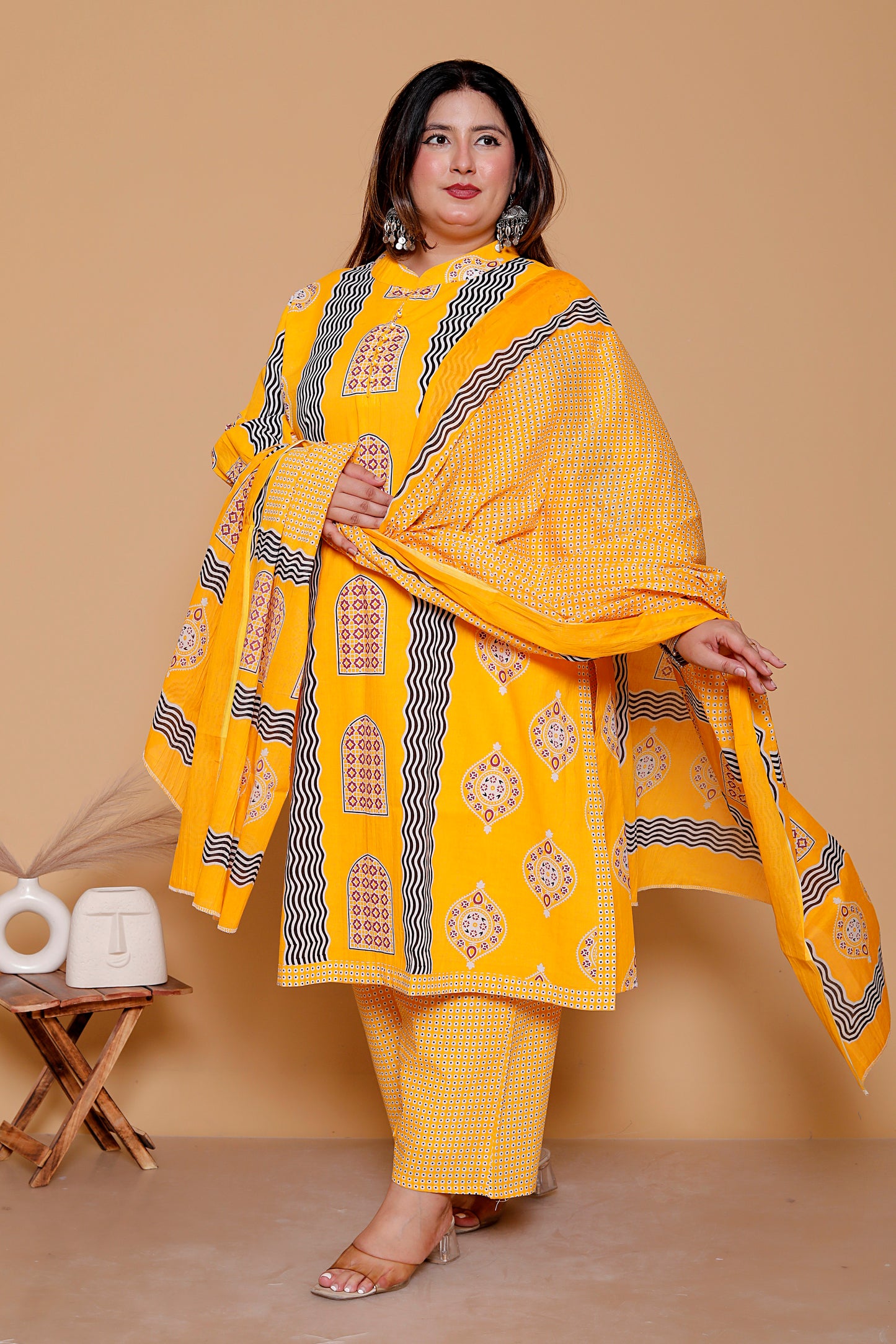 GEOMETRIC ARCH PRINT COTTON 3 PEICE KURTA PANT IN YELLOW BY PLUSSIZEKURTI