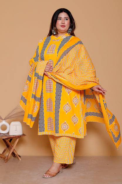 GEOMETRIC ARCH PRINT COTTON 3 PEICE KURTA PANT IN YELLOW BY PLUSSIZEKURTI