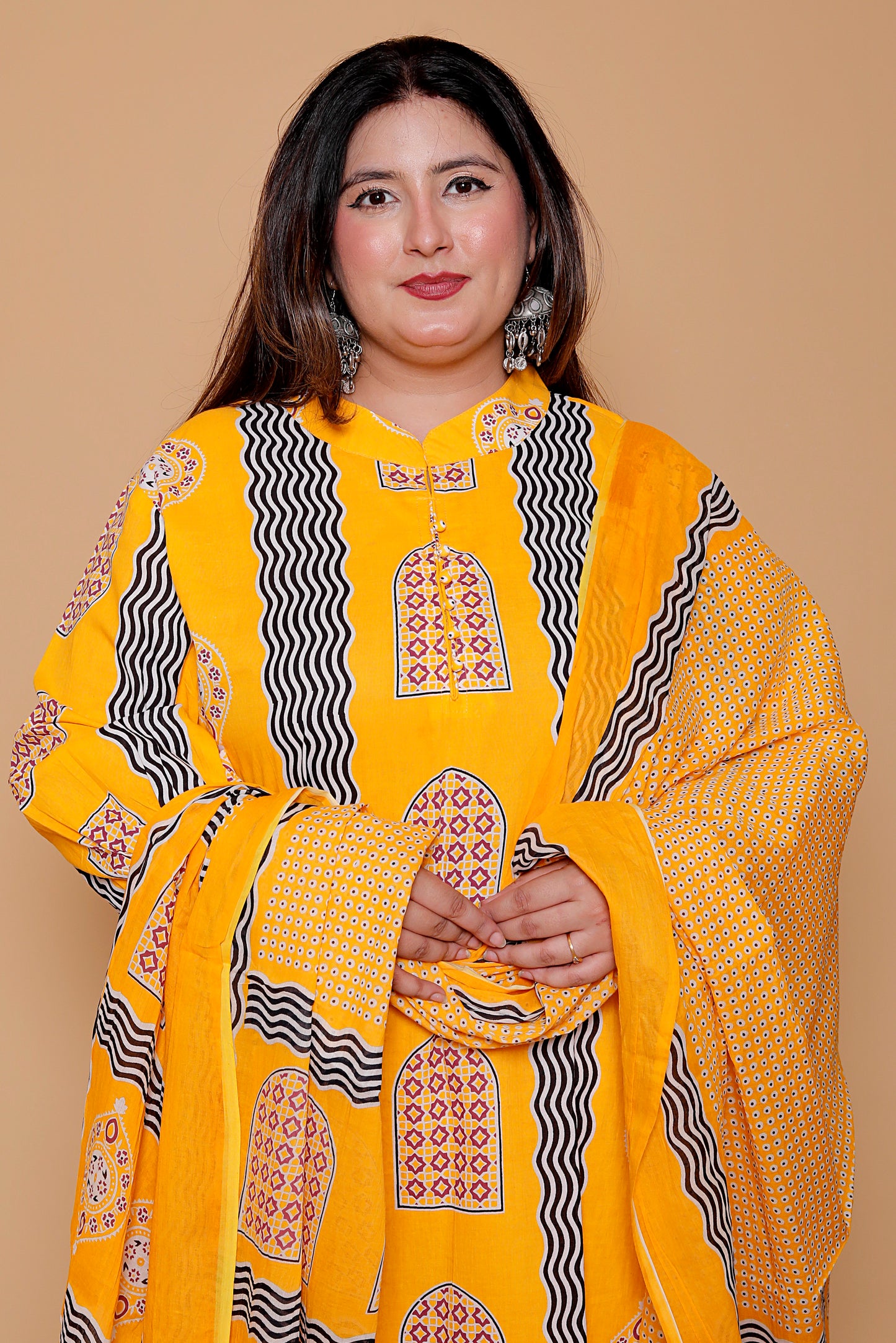 GEOMETRIC ARCH PRINT COTTON 3 PEICE KURTA PANT IN YELLOW BY PLUSSIZEKURTI