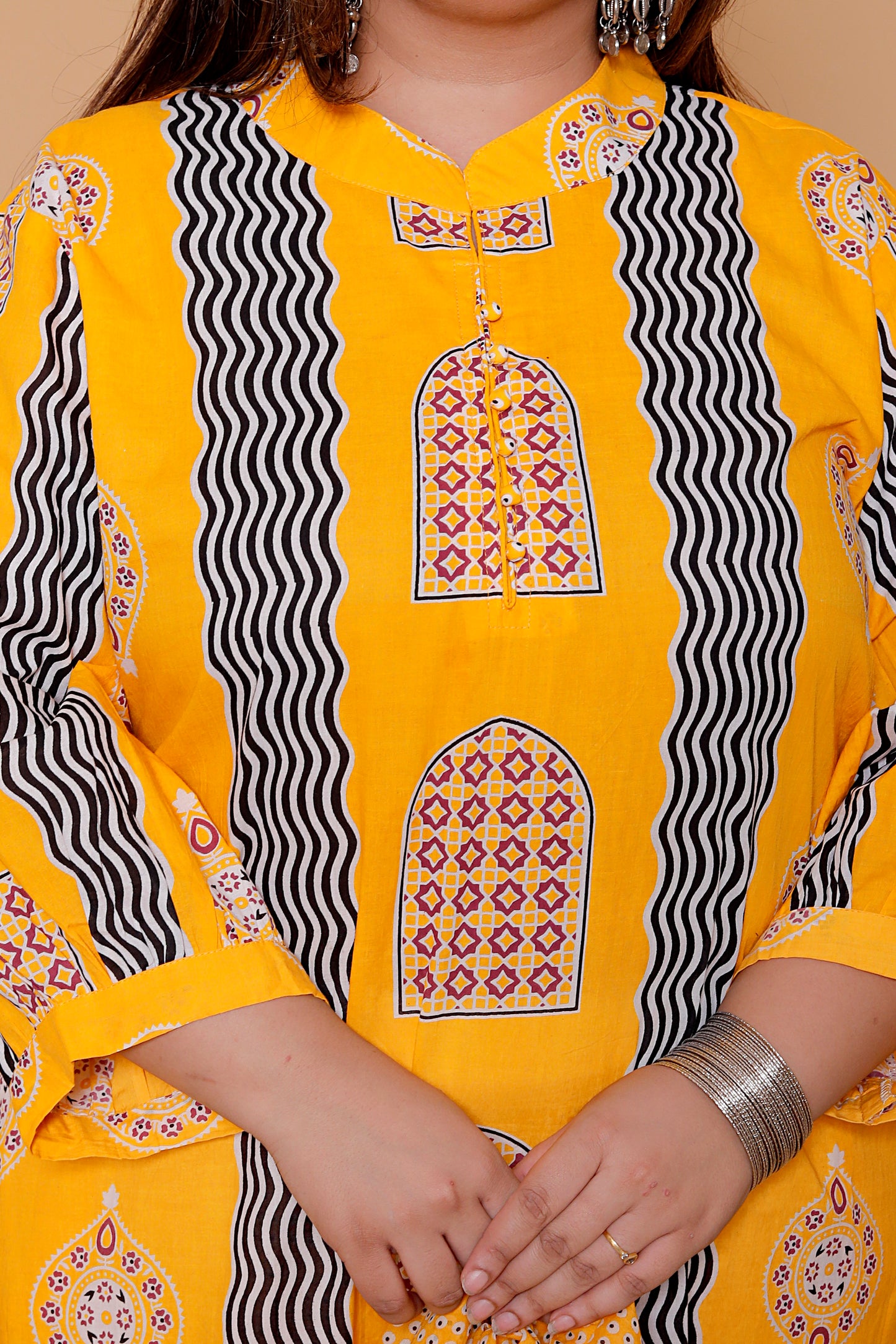 GEOMETRIC ARCH PRINT COTTON 3 PEICE KURTA PANT IN YELLOW BY PLUSSIZEKURTI