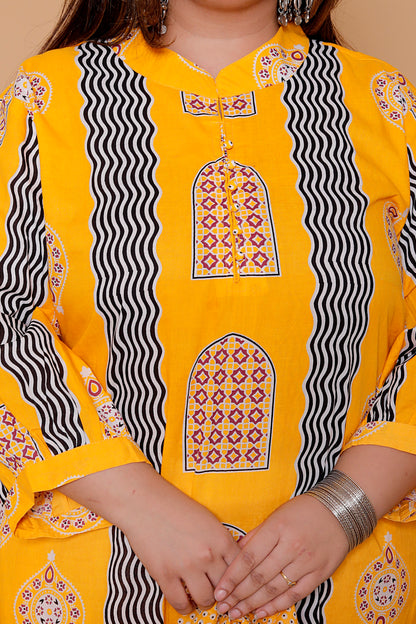 GEOMETRIC ARCH PRINT COTTON 3 PEICE KURTA PANT IN YELLOW BY PLUSSIZEKURTI