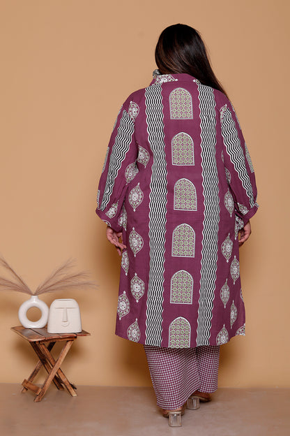 GEOMETRIC ARCH PRINT COTTON 3 PEICE KURTA PANT IN WINE BY PLUSSIZEKURTI