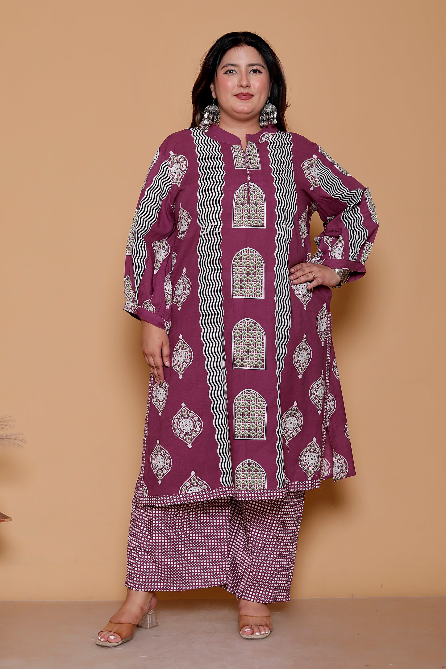 GEOMETRIC ARCH PRINT COTTON 3 PEICE KURTA PANT IN WINE BY PLUSSIZEKURTI