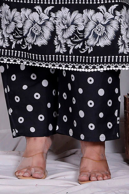 POLKA DOT FLORAL PRINT COTTON 3 PEICE KURTA PANT IN BLACK BY PLUSSIZEKURTI