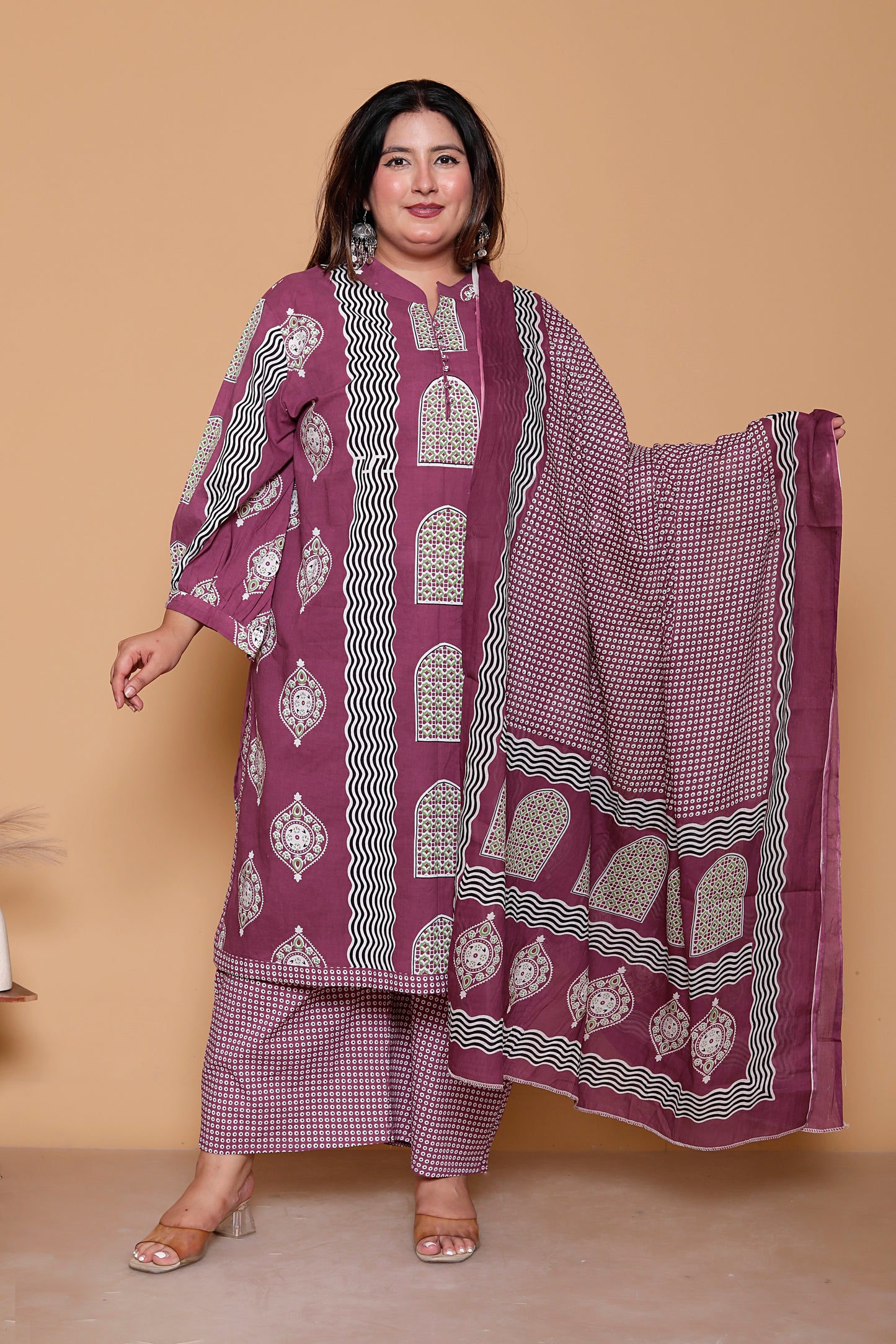GEOMETRIC ARCH PRINT COTTON 3 PEICE KURTA PANT IN WINE BY PLUSSIZEKURTI