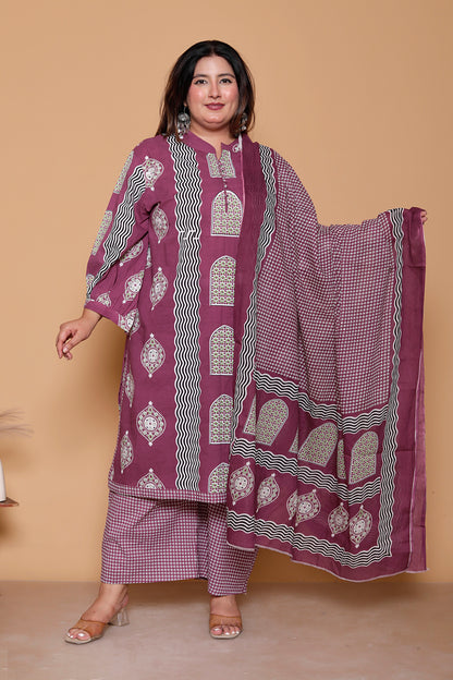 GEOMETRIC ARCH PRINT COTTON 3 PEICE KURTA PANT IN WINE BY PLUSSIZEKURTI