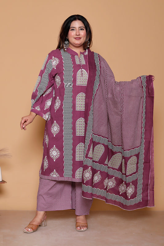 GEOMETRIC ARCH PRINT COTTON 3 PEICE KURTA PANT IN WINE BY PLUSSIZEKURTI