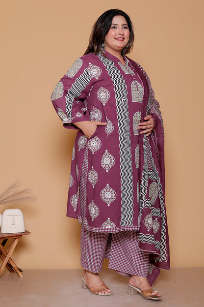 GEOMETRIC ARCH PRINT COTTON 3 PEICE KURTA PANT IN WINE BY PLUSSIZEKURTI