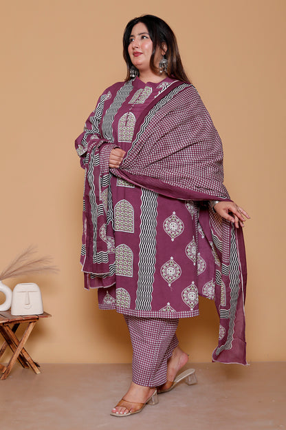 GEOMETRIC ARCH PRINT COTTON 3 PEICE KURTA PANT IN WINE BY PLUSSIZEKURTI