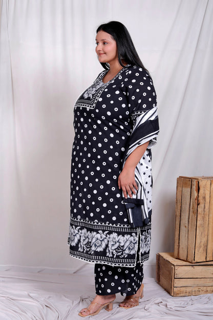 POLKA DOT FLORAL PRINT COTTON 3 PEICE KURTA PANT IN BLACK BY PLUSSIZEKURTI