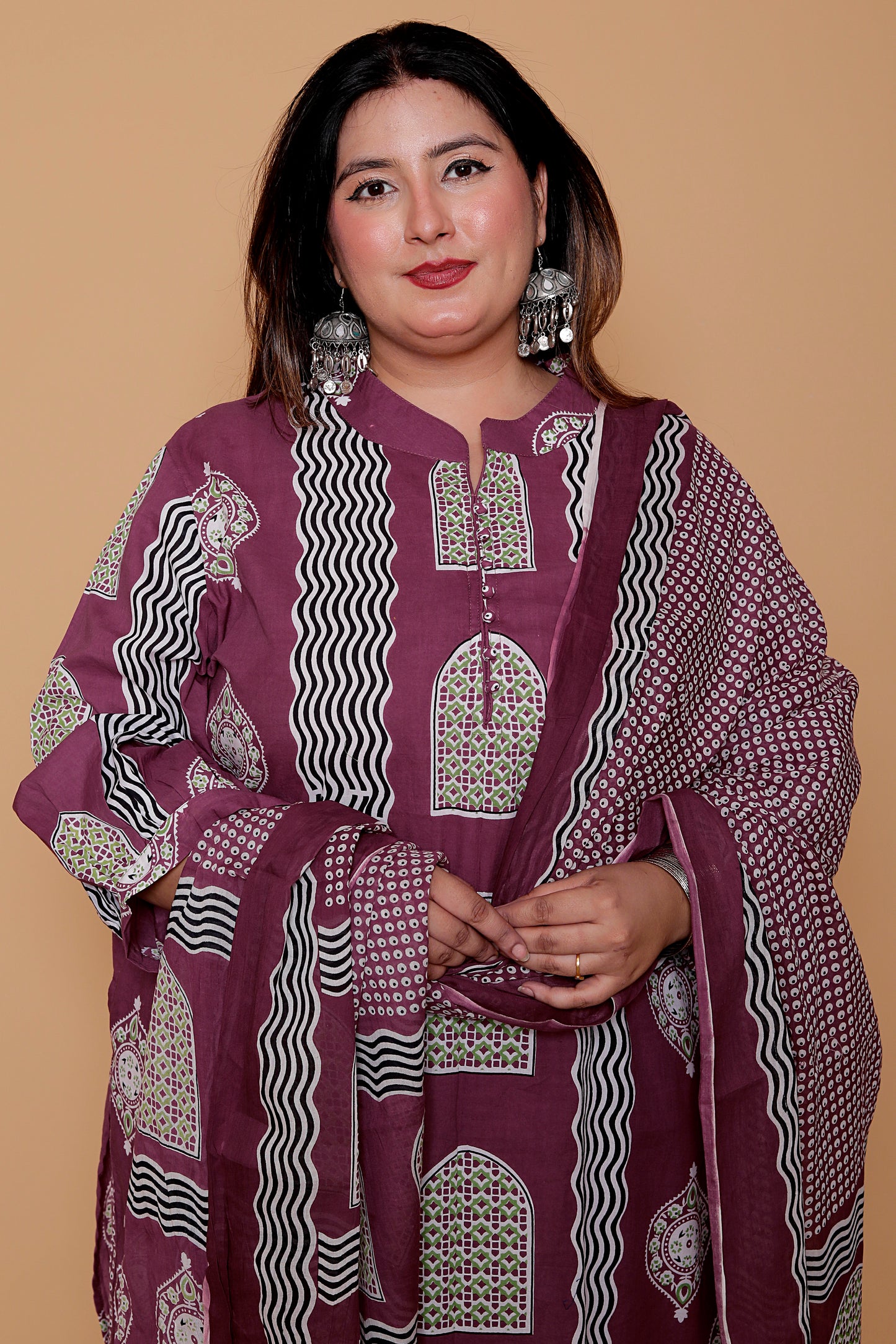 GEOMETRIC ARCH PRINT COTTON 3 PEICE KURTA PANT IN WINE BY PLUSSIZEKURTI