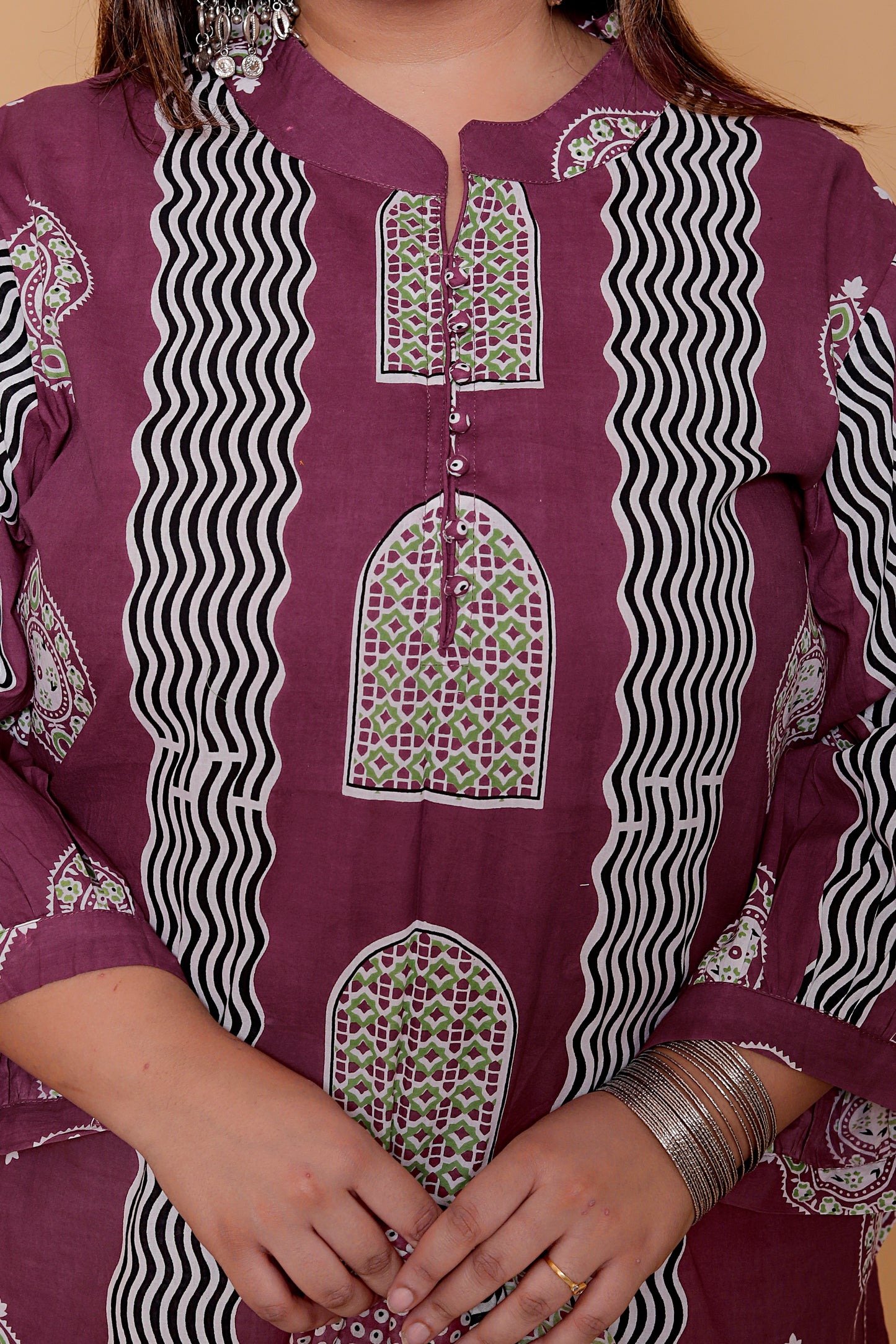 GEOMETRIC ARCH PRINT COTTON 3 PEICE KURTA PANT IN WINE BY PLUSSIZEKURTI