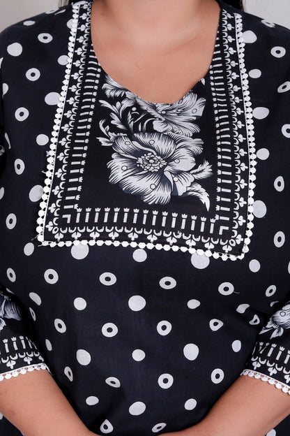 POLKA DOT FLORAL PRINT COTTON 3 PEICE KURTA PANT IN BLACK BY PLUSSIZEKURTI