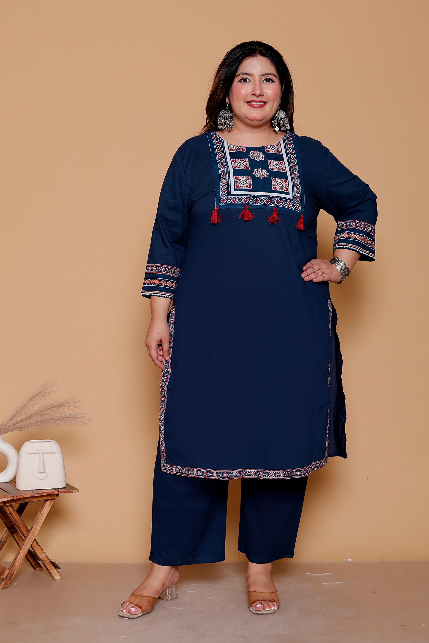 AJRAKH INSPIRED PRINT COTTON 3 PEICE KURTA PANT IN NAVY BLUE BY PLUSSIZEKURTI