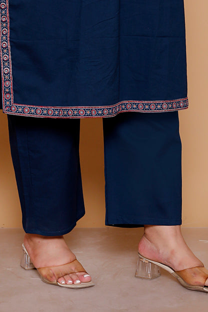 AJRAKH INSPIRED PRINT COTTON 3 PEICE KURTA PANT IN NAVY BLUE BY PLUSSIZEKURTI