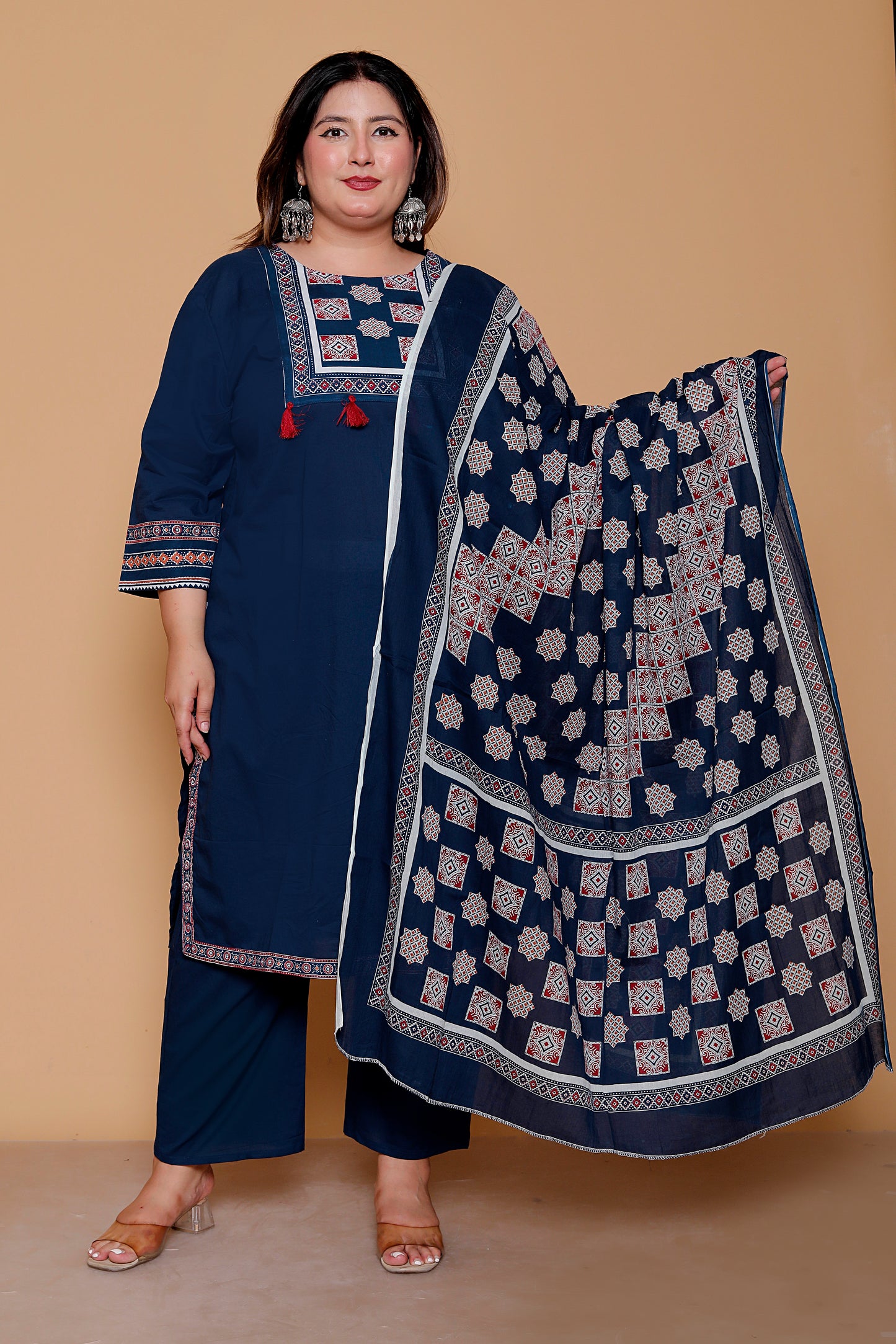 AJRAKH INSPIRED PRINT COTTON 3 PEICE KURTA PANT IN NAVY BLUE BY PLUSSIZEKURTI