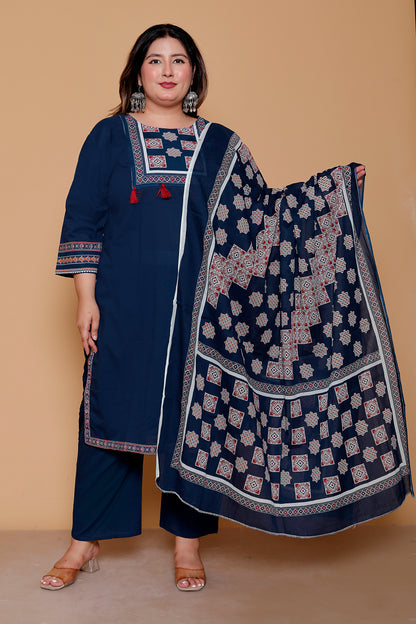 AJRAKH INSPIRED PRINT COTTON 3 PEICE KURTA PANT IN NAVY BLUE BY PLUSSIZEKURTI