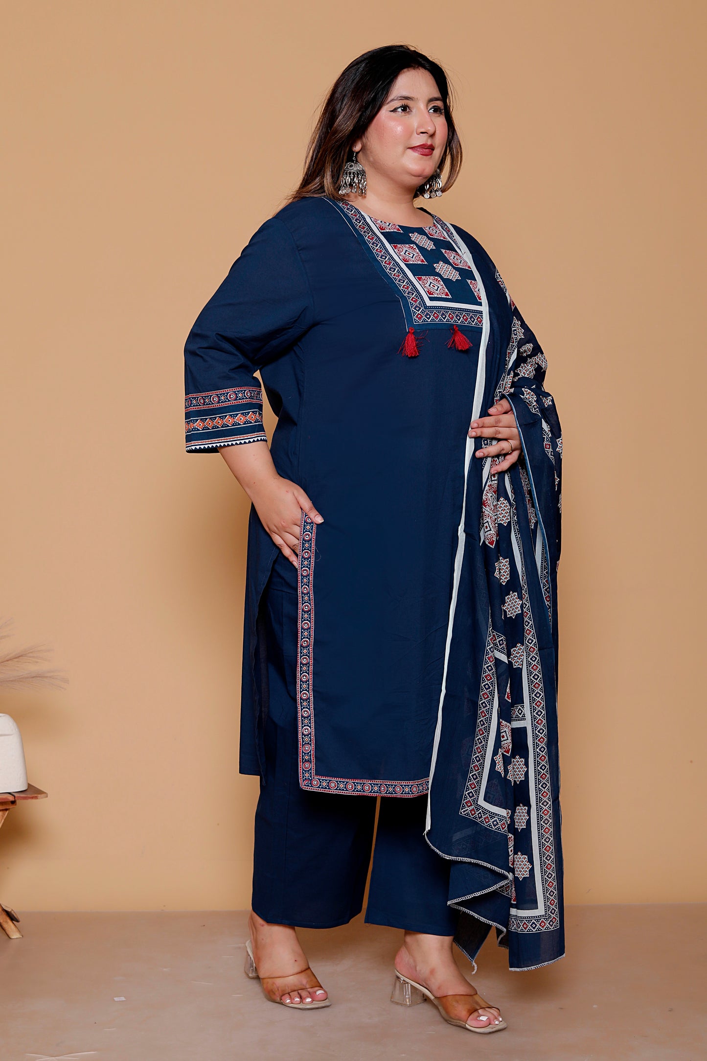 AJRAKH INSPIRED PRINT COTTON 3 PEICE KURTA PANT IN NAVY BLUE BY PLUSSIZEKURTI