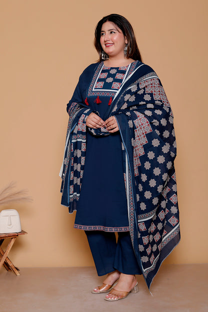 AJRAKH INSPIRED PRINT COTTON 3 PEICE KURTA PANT IN NAVY BLUE BY PLUSSIZEKURTI