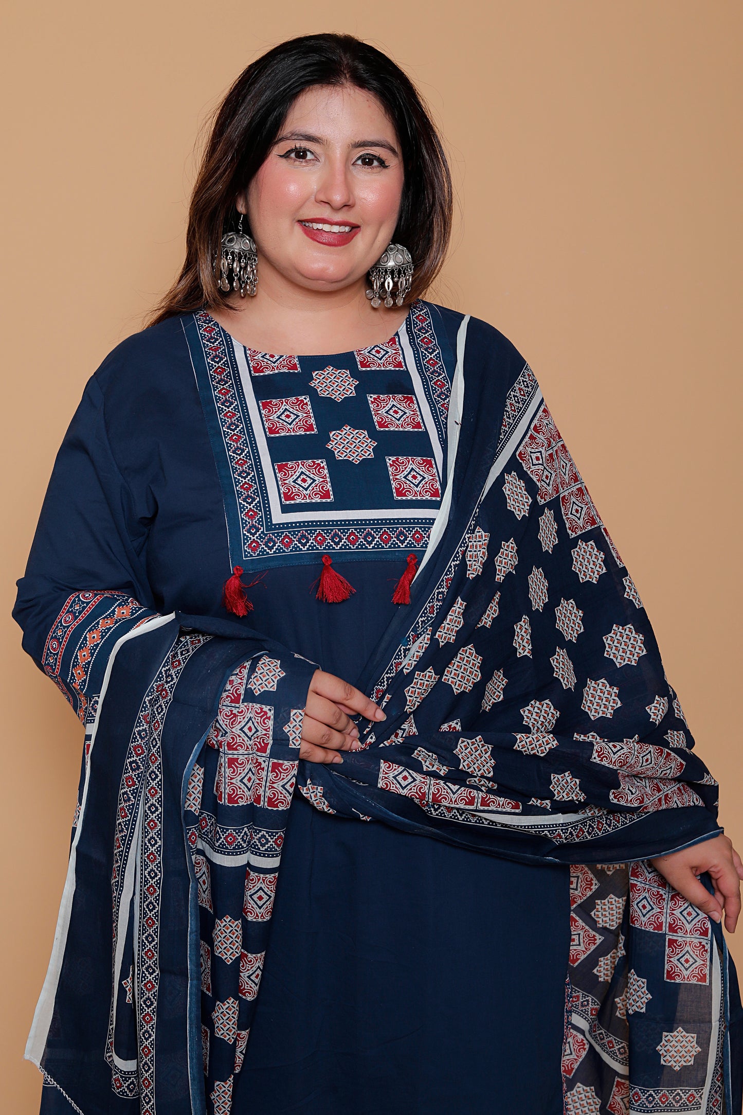 AJRAKH INSPIRED PRINT COTTON 3 PEICE KURTA PANT IN NAVY BLUE BY PLUSSIZEKURTI