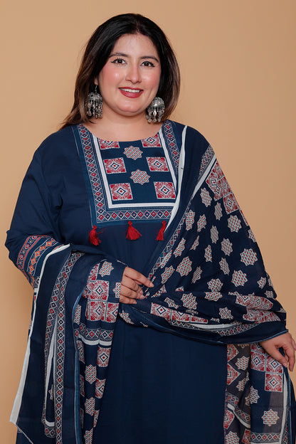 AJRAKH INSPIRED PRINT COTTON 3 PEICE KURTA PANT IN NAVY BLUE BY PLUSSIZEKURTI