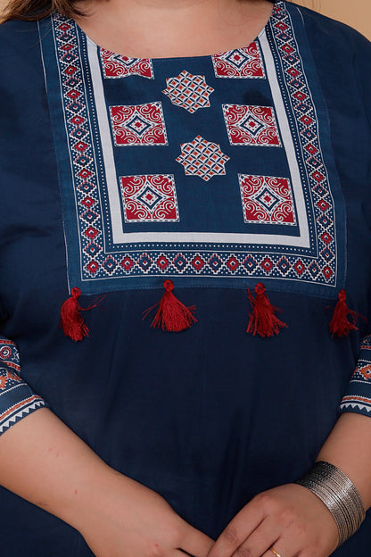 AJRAKH INSPIRED PRINT COTTON 3 PEICE KURTA PANT IN NAVY BLUE BY PLUSSIZEKURTI