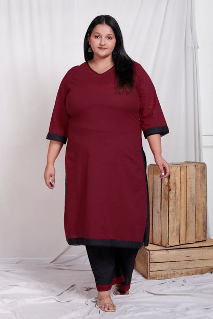 SOLID COTTON LACE WORK 2 PEICE KURTA PANT IN MAHROON/BLACK BY PLUSSIZEKURTI