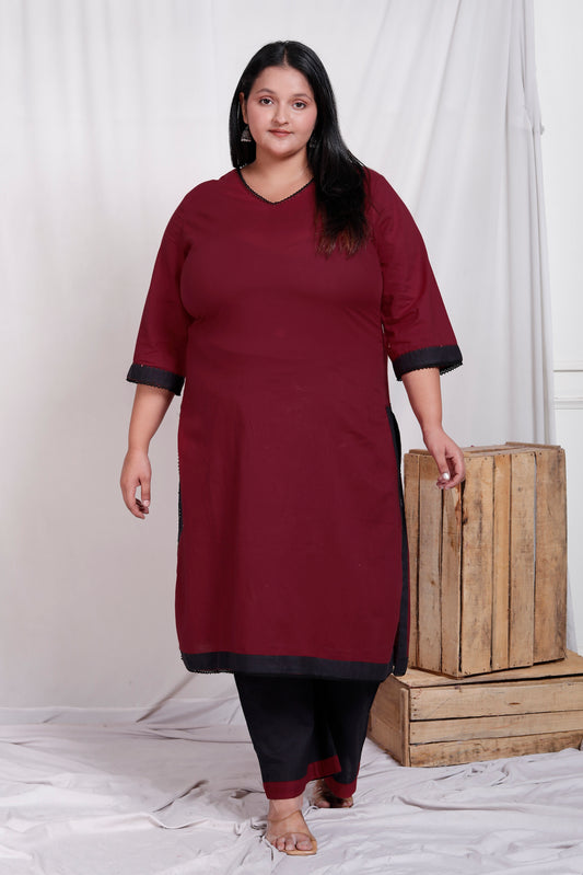SOLID COTTON LACE WORK 2 PEICE KURTA PANT IN MAHROON/BLACK BY PLUSSIZEKURTI