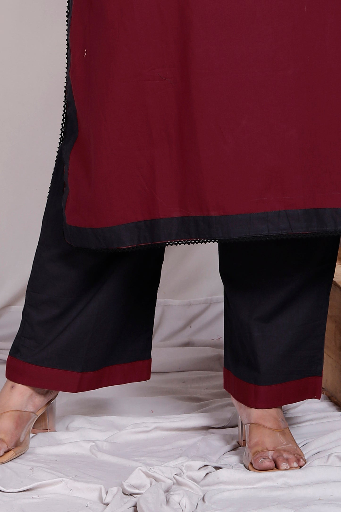 SOLID COTTON LACE WORK 2 PEICE KURTA PANT IN MAHROON/BLACK BY PLUSSIZEKURTI
