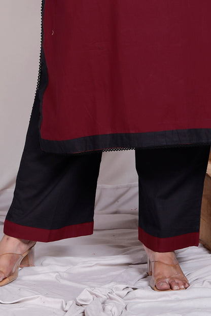 SOLID COTTON LACE WORK 2 PEICE KURTA PANT IN MAHROON/BLACK BY PLUSSIZEKURTI