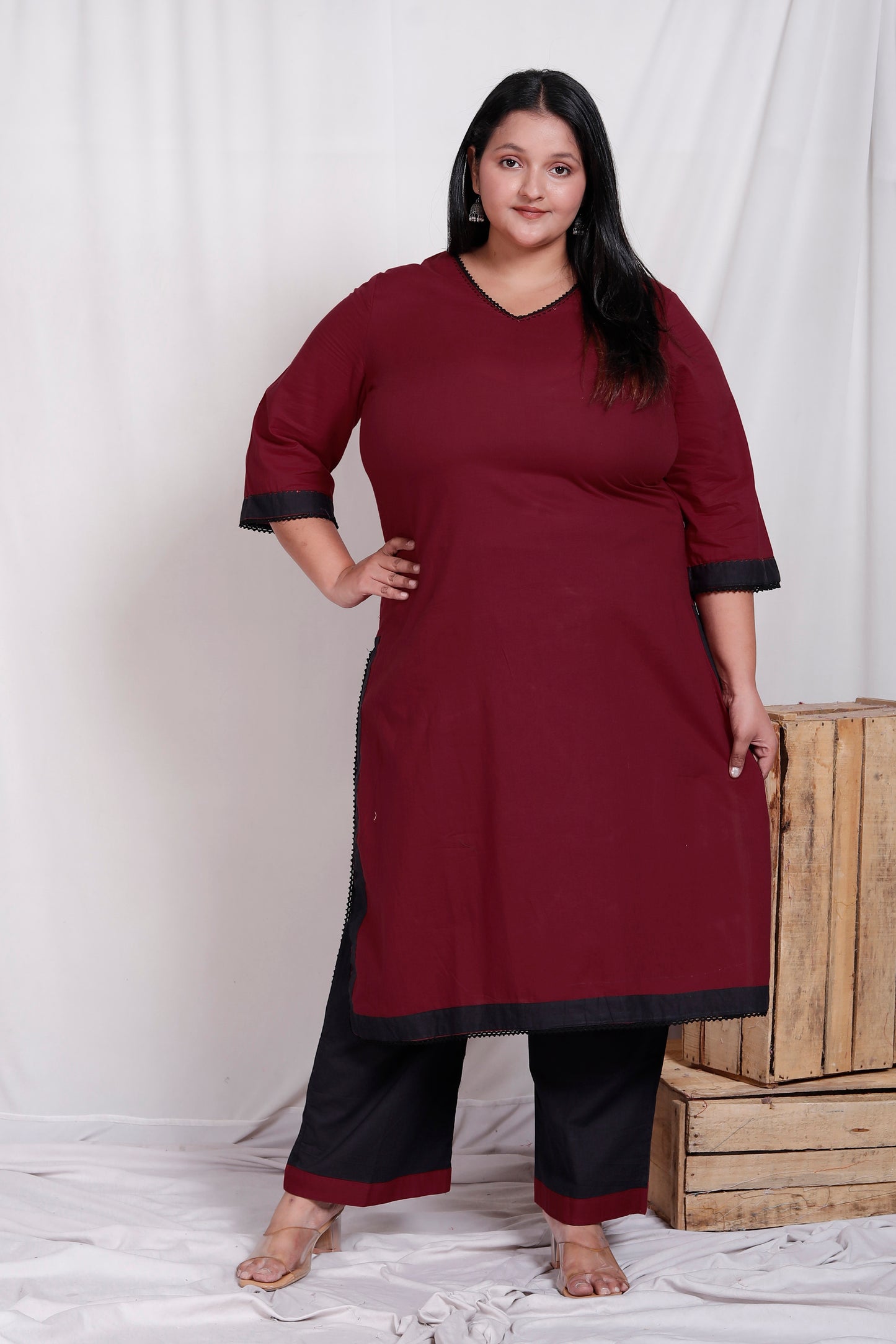 SOLID COTTON LACE WORK 2 PEICE KURTA PANT IN MAHROON/BLACK BY PLUSSIZEKURTI