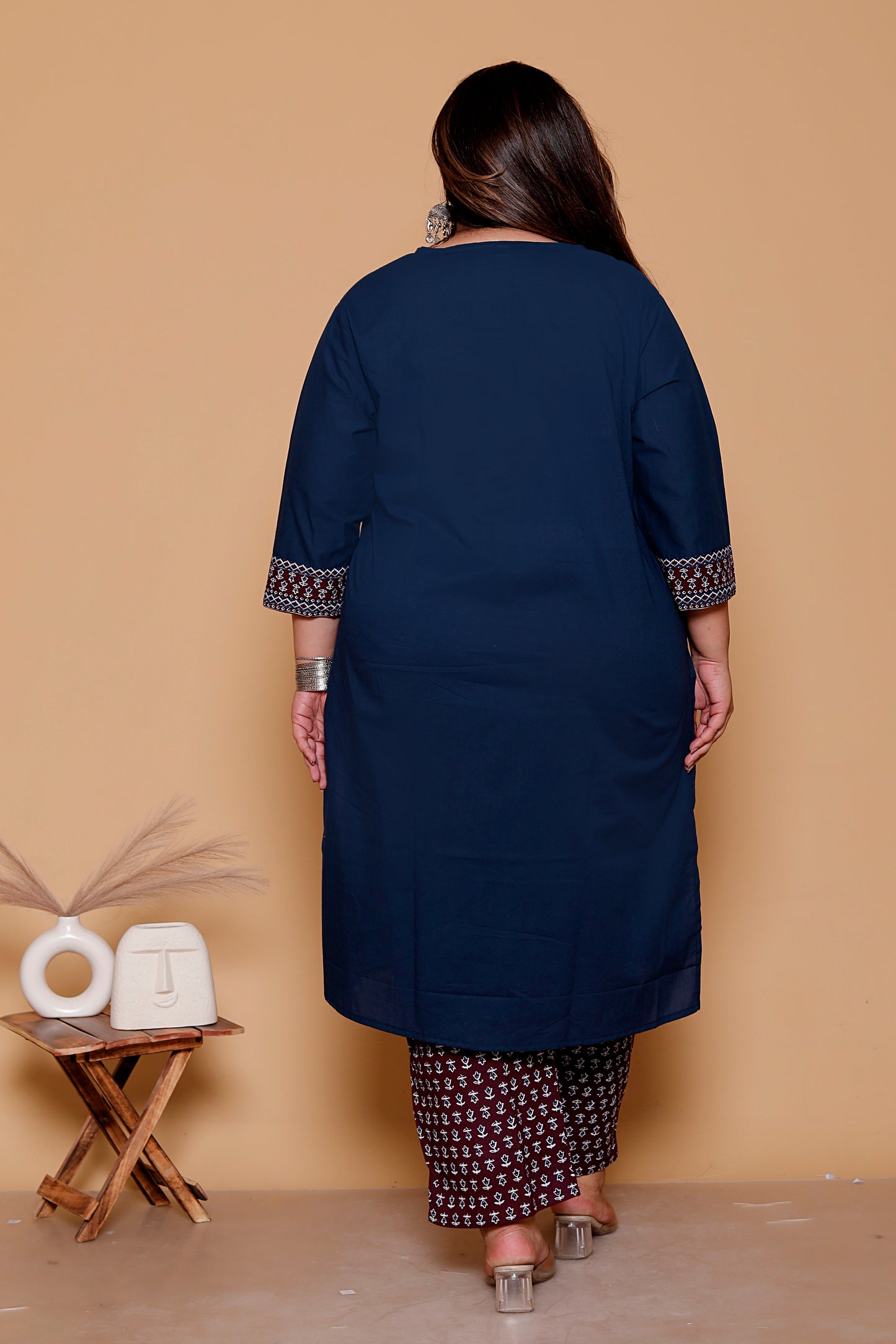 AJRAKH ETHNIC PRINT COTTON 3 PEICE KURTA PANT IN BLUE BY PLUSSIZEKURTI