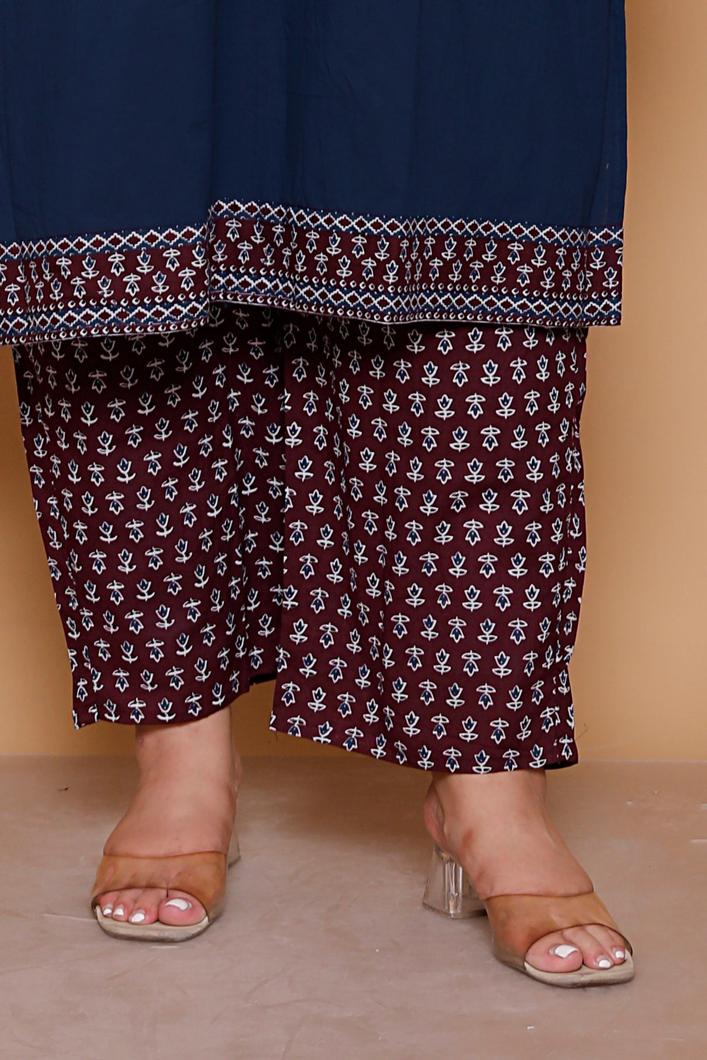 AJRAKH ETHNIC PRINT COTTON 3 PEICE KURTA PANT IN BLUE BY PLUSSIZEKURTI