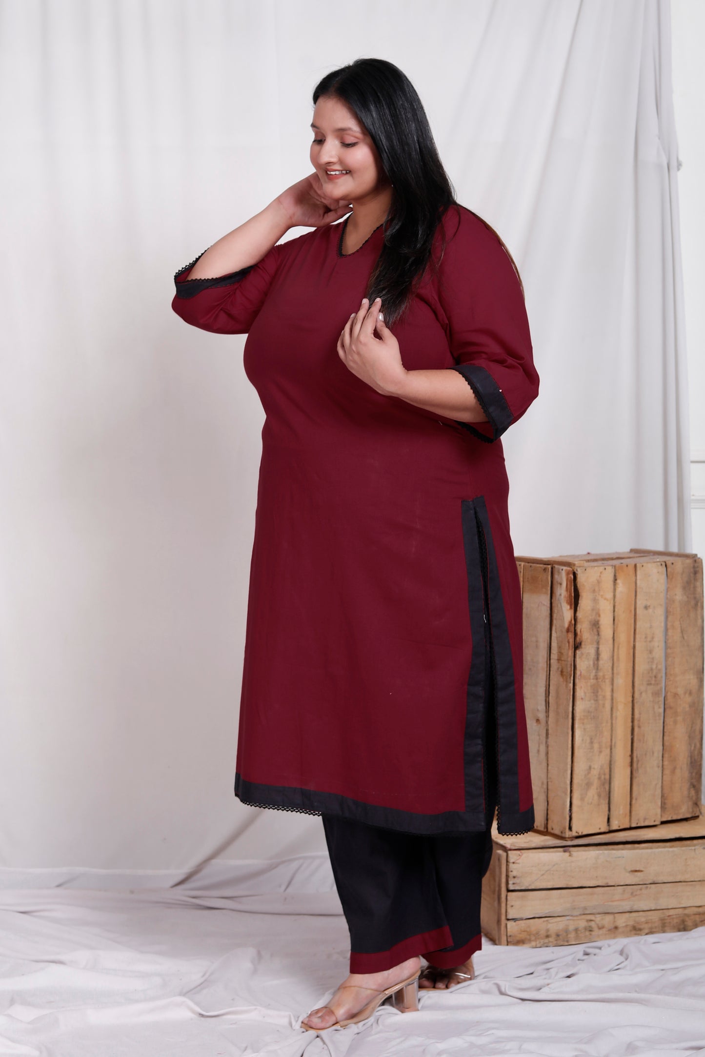 SOLID COTTON LACE WORK 2 PEICE KURTA PANT IN MAHROON/BLACK BY PLUSSIZEKURTI