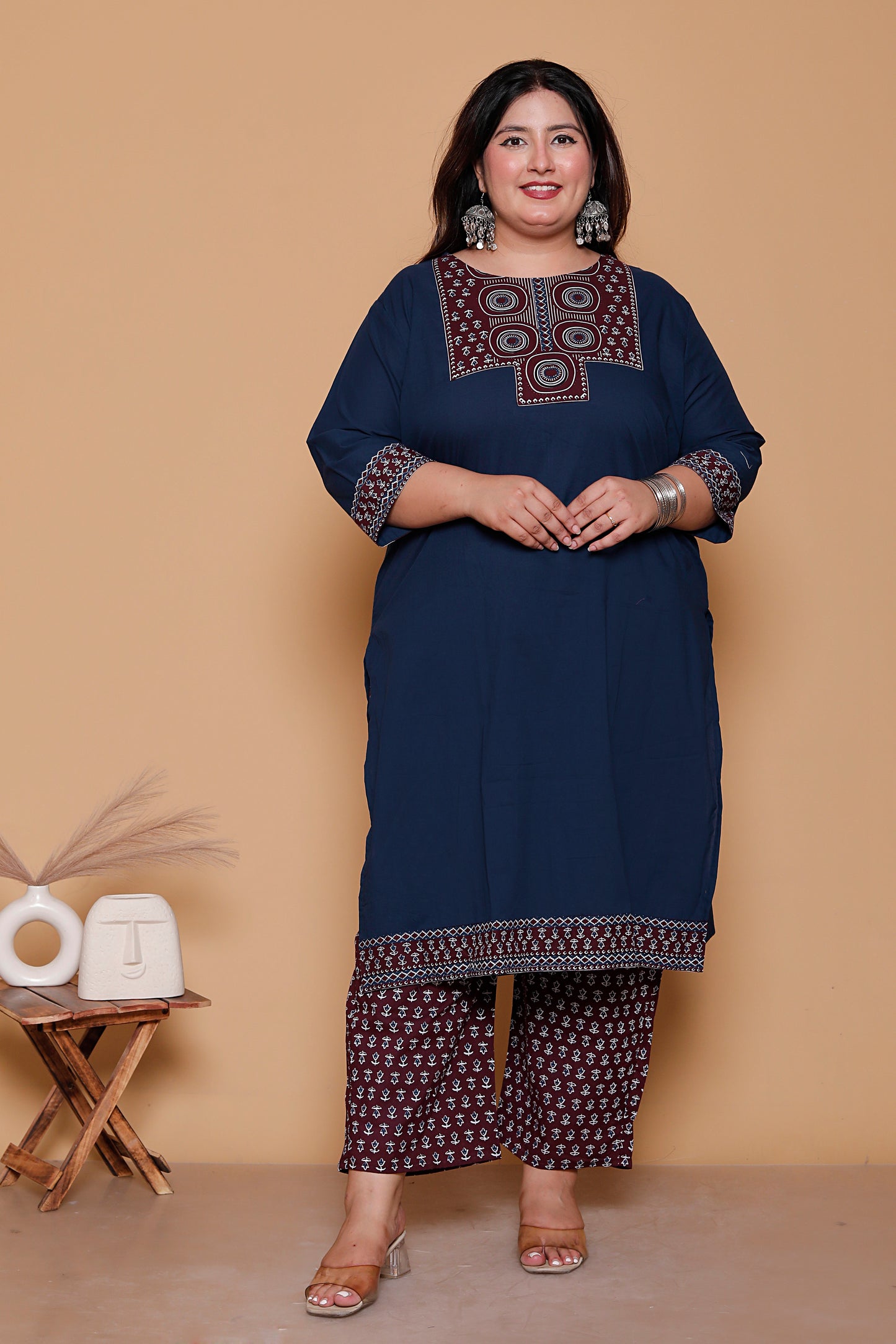 AJRAKH ETHNIC PRINT COTTON 3 PEICE KURTA PANT IN BLUE BY PLUSSIZEKURTI