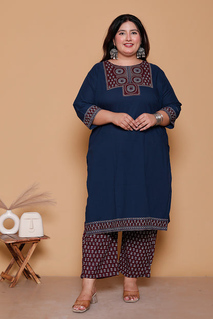 AJRAKH ETHNIC PRINT COTTON 3 PEICE KURTA PANT IN BLUE BY PLUSSIZEKURTI