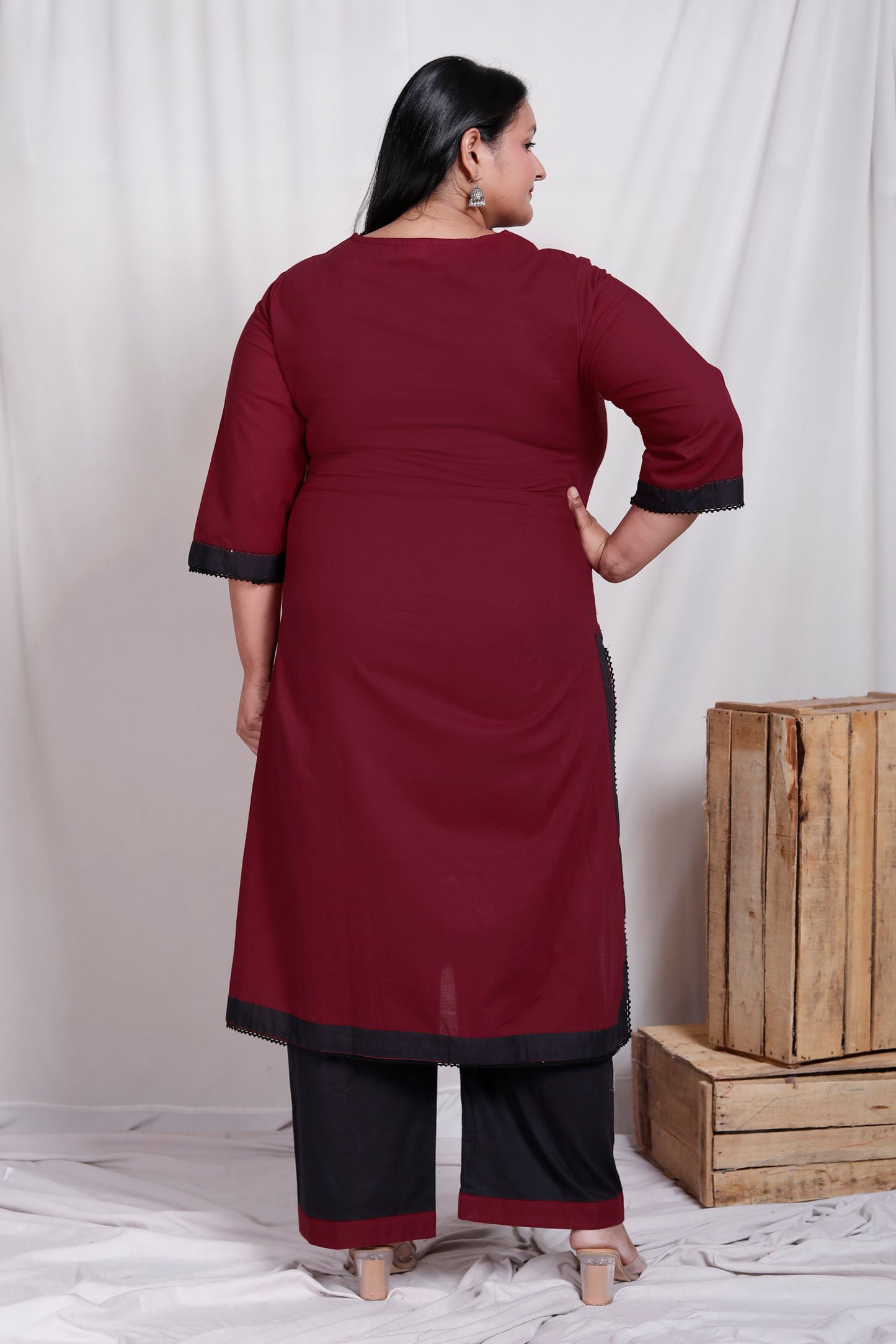SOLID COTTON LACE WORK 2 PEICE KURTA PANT IN MAHROON/BLACK BY PLUSSIZEKURTI