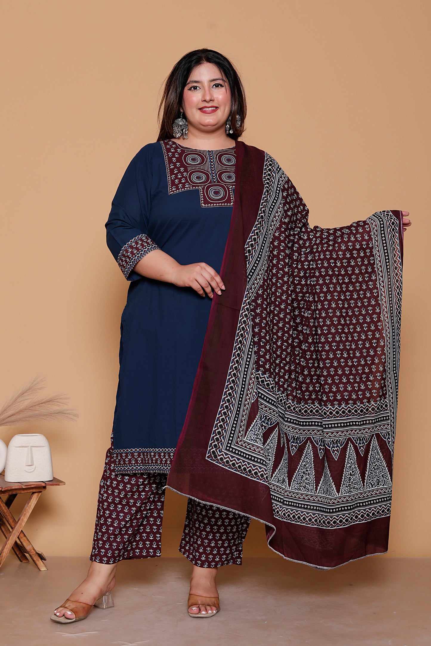 AJRAKH ETHNIC PRINT COTTON 3 PEICE KURTA PANT IN BLUE BY PLUSSIZEKURTI