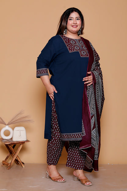 AJRAKH ETHNIC PRINT COTTON 3 PEICE KURTA PANT IN BLUE BY PLUSSIZEKURTI
