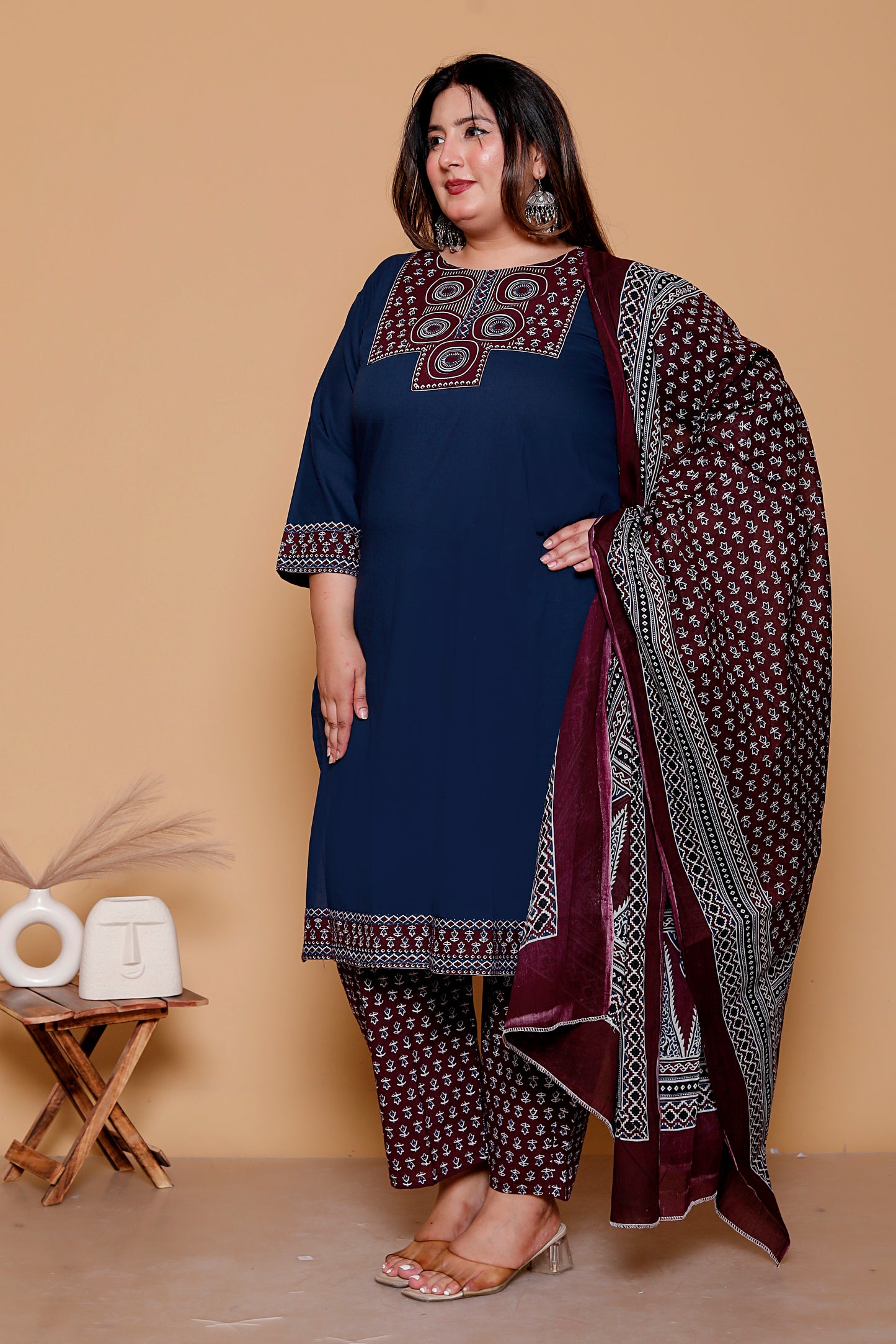 AJRAKH ETHNIC PRINT COTTON 3 PEICE KURTA PANT IN BLUE BY PLUSSIZEKURTI