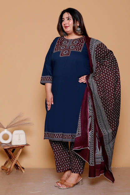 AJRAKH ETHNIC PRINT COTTON 3 PEICE KURTA PANT IN BLUE BY PLUSSIZEKURTI
