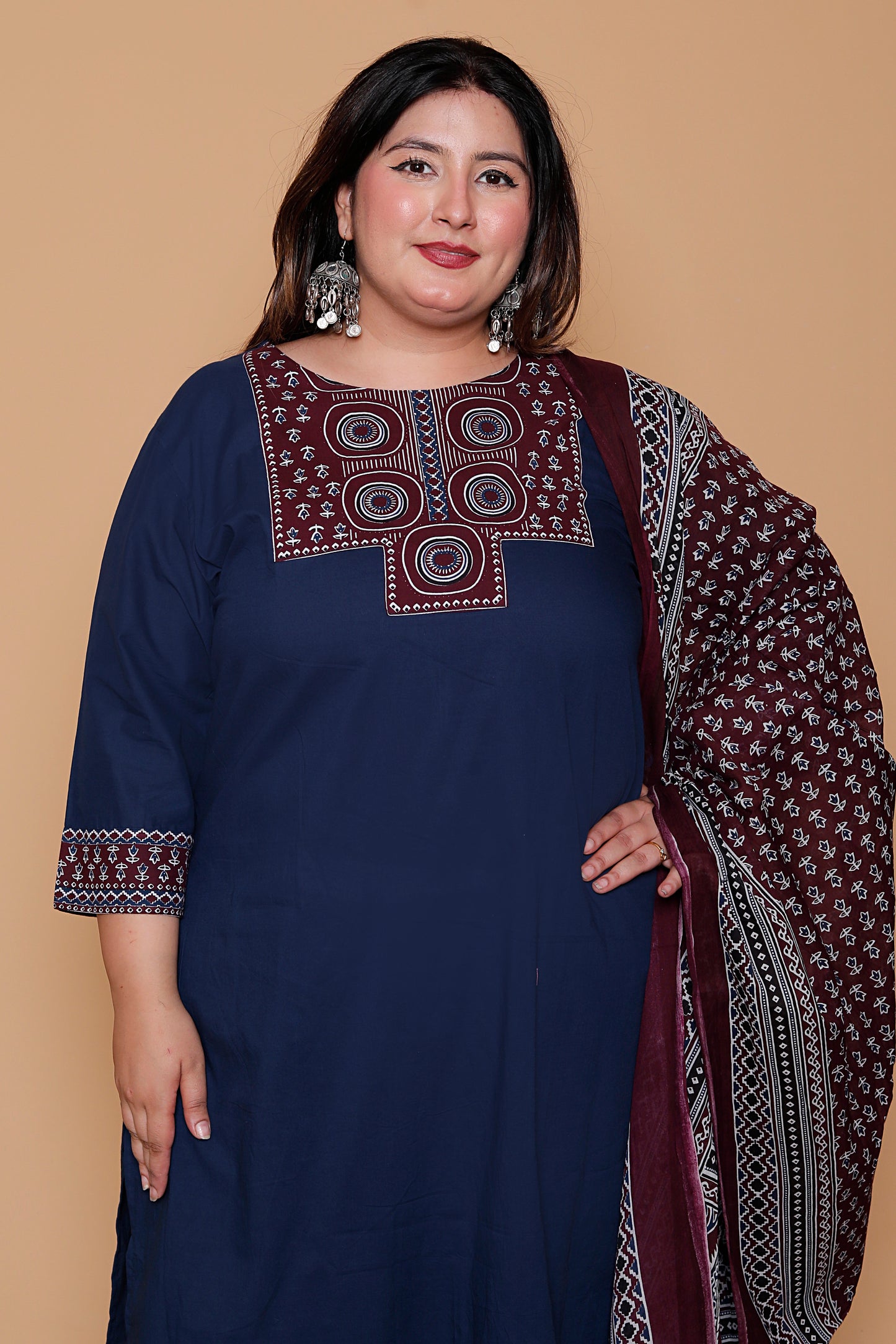 AJRAKH ETHNIC PRINT COTTON 3 PEICE KURTA PANT IN BLUE BY PLUSSIZEKURTI