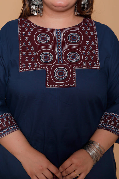AJRAKH ETHNIC PRINT COTTON 3 PEICE KURTA PANT IN BLUE BY PLUSSIZEKURTI