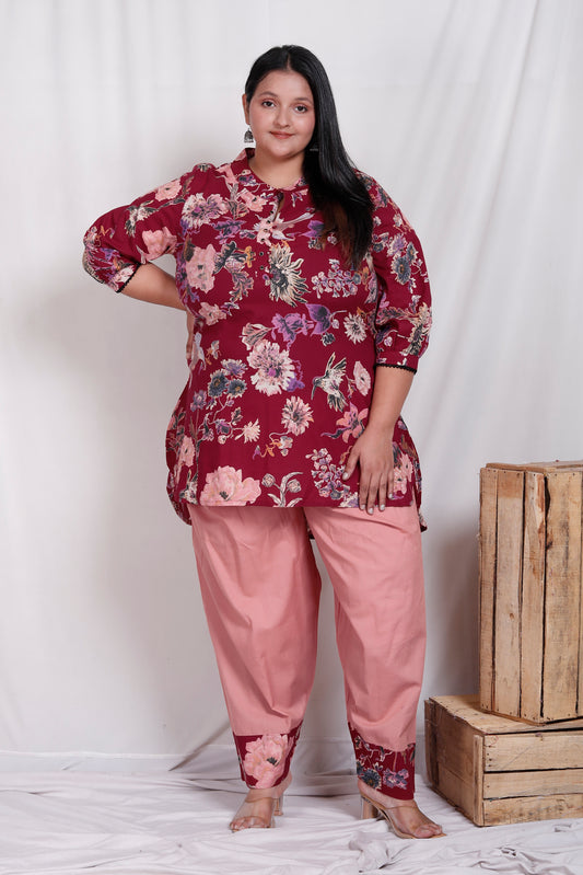 FLORAL BIRD PRINT COTTON 2 PEICE KURTA FARSI SALWAR IN WINE RED BY PLUSSIZEKURTI