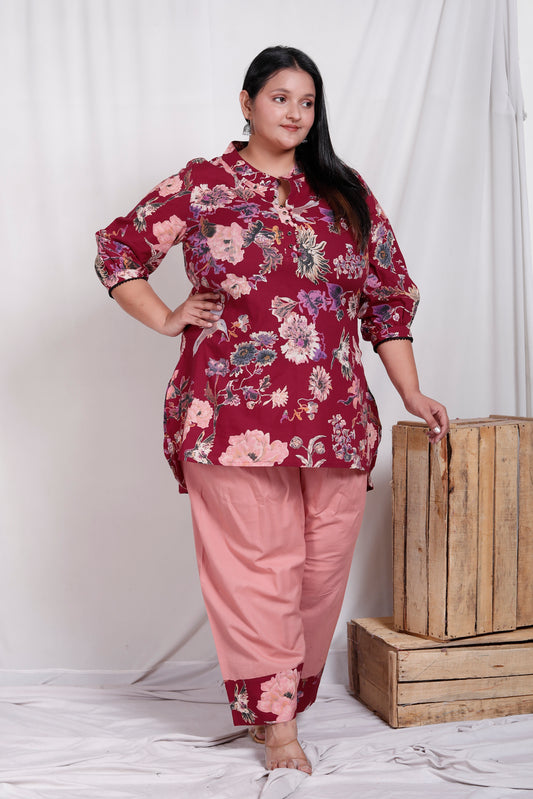 FLORAL BIRD PRINT COTTON 2 PEICE KURTA FARSI SALWAR IN WINE RED BY PLUSSIZEKURTI