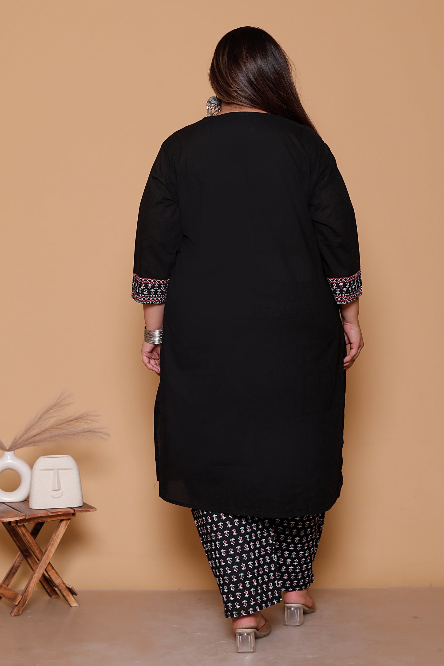 AJRAKH ETHNIC PRINT COTTON 3 PEICE KURTA PANT IN BLACK BY PLUSSIZEKURTI