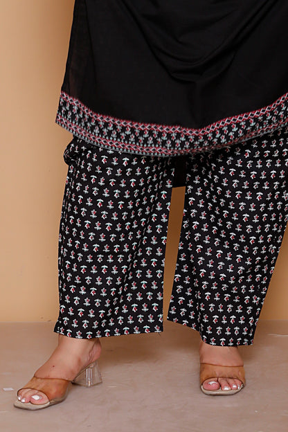 AJRAKH ETHNIC PRINT COTTON 3 PEICE KURTA PANT IN BLACK BY PLUSSIZEKURTI
