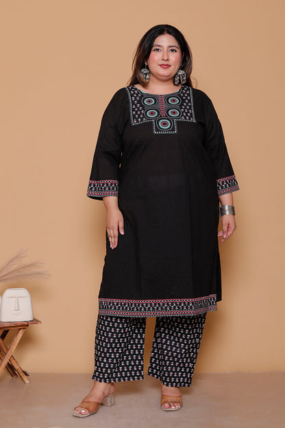AJRAKH ETHNIC PRINT COTTON 3 PEICE KURTA PANT IN BLACK BY PLUSSIZEKURTI