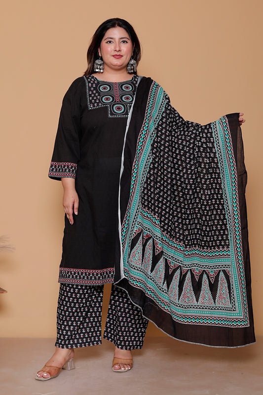 AJRAKH ETHNIC PRINT COTTON 3 PEICE KURTA PANT IN BLACK BY PLUSSIZEKURTI